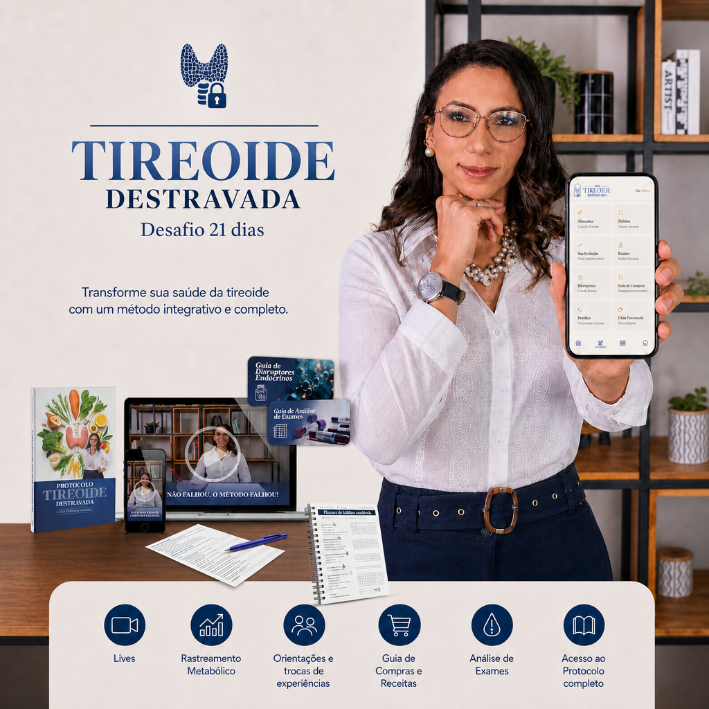 Dra. Vanessa segurando o celular com o App Tireoide Destravada e todos os entregáveis do Desafio